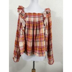 We The Free Shirt Womens Medium Pink Orange Plaid Smocked Ruffle Babydoll Boho